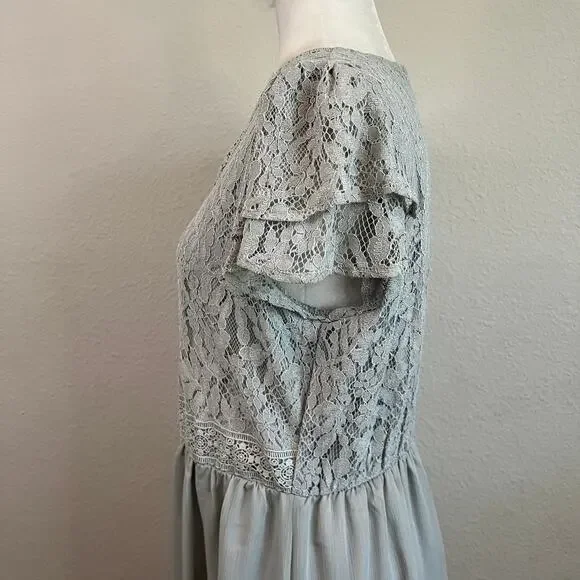 New Tea N Rose Maxi Dress Women's L Blue Gray Lace Flutter Sleeve Boho Chic - Picture 3 of 8
